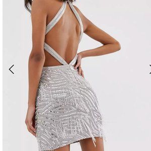 ASOS Silver Sequin Fringe Cutout Mini Dress NWT